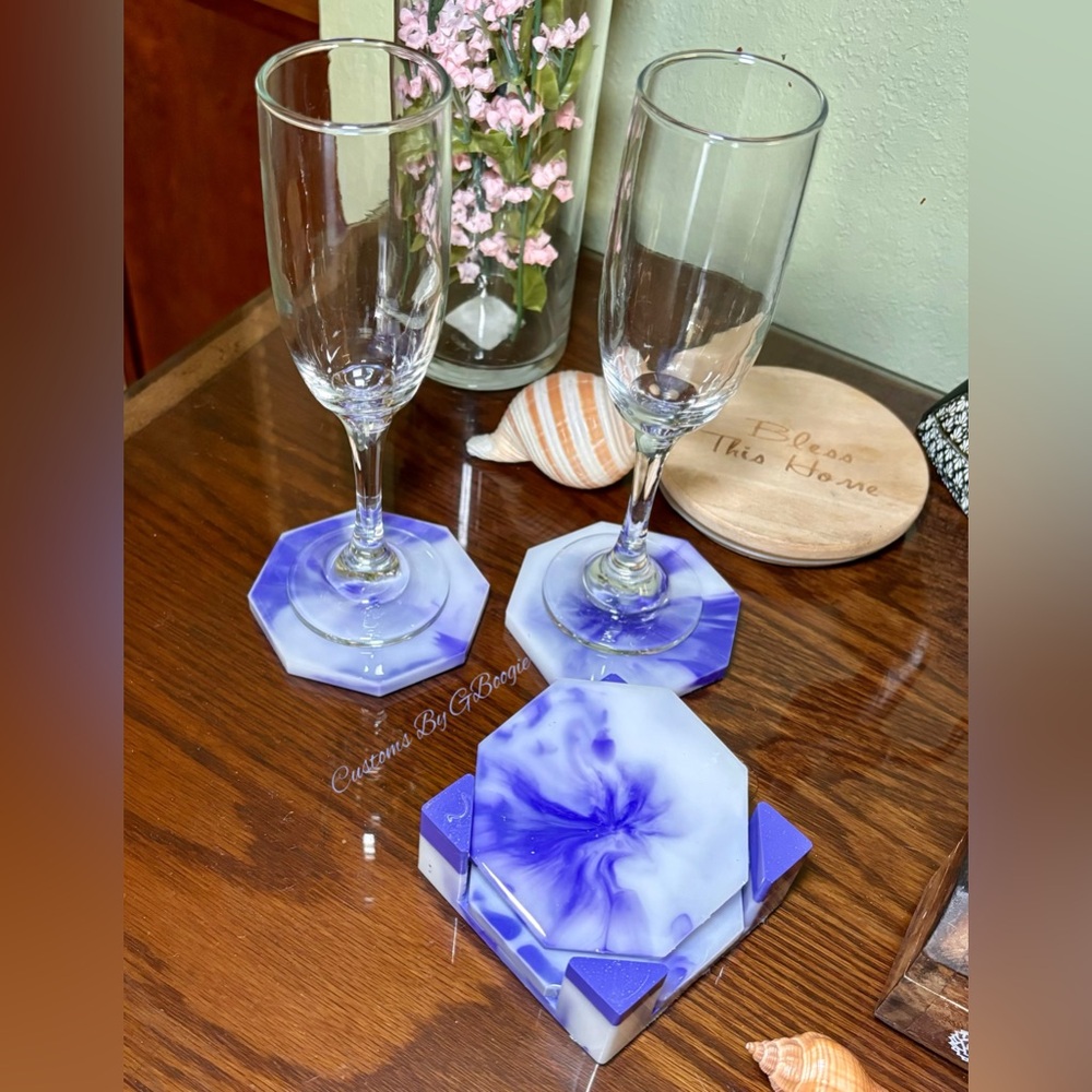 Custom made five piece, purple and white coaster set